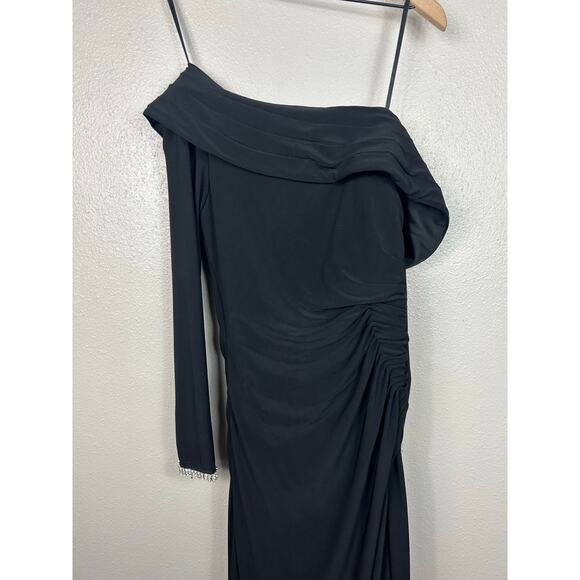 Mac Duggal One Shoulder Bewjewled Cuff Sleeve Gown Black Sz 4 Formal - Picture 3 of 9